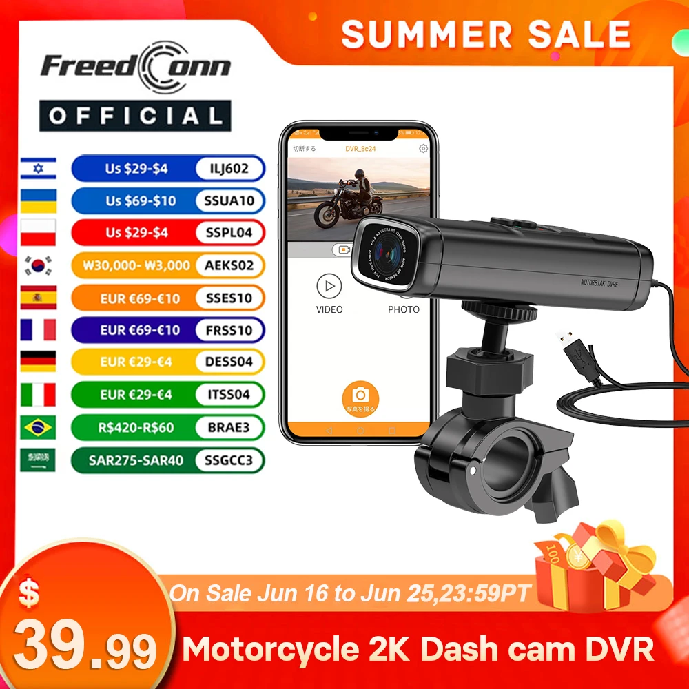 Luvin V8 Motorcycle Dash Cam 2K 1440P Video Recorder DVR WiFi App Waterproof G Sensor Loop Recording WDR Night Vision Motor Driv