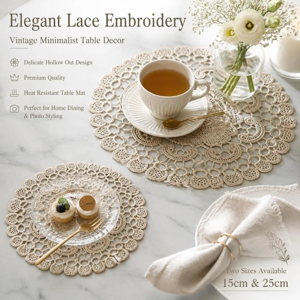 2pcs Embroidered Lace Table Cloth Hollow Out Tea Pad Mat Beige Crochet Lace Doily Round Coffee Coaster Napkin Wedding Banquet