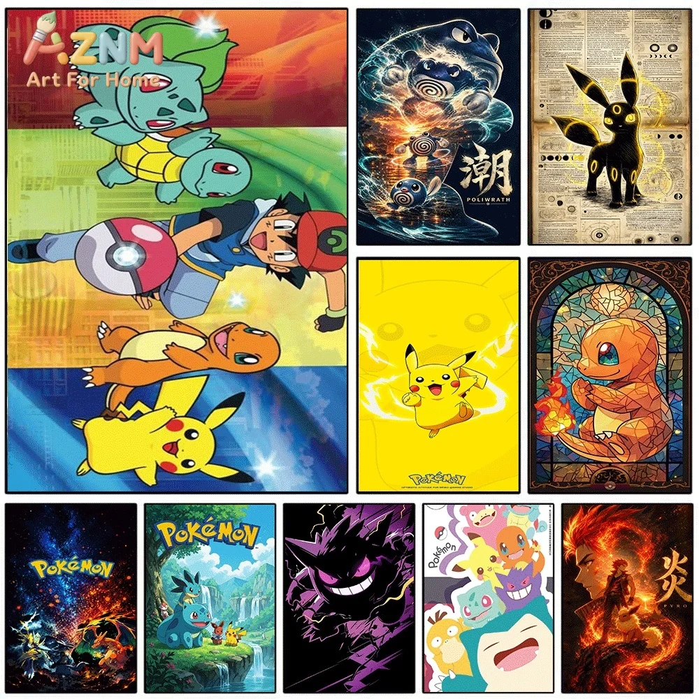 Anime Pokemon Ash Ketchum Starter Partners Canvas Wall Art, Classic Cartoon Trainer & Creature Frameless Canvas Painting for K