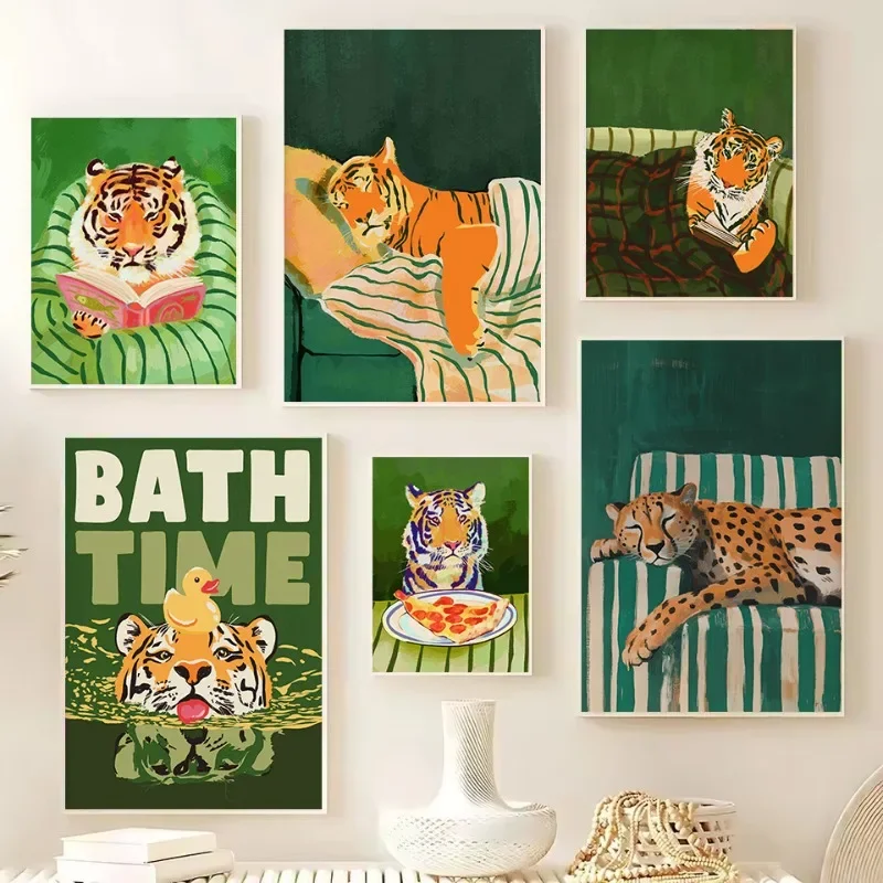 1pc frameless Retro Emerald Green Tiger Sleepy Leopard Abstract Funny Animal Aesthetic Poster Canvas Painting Wall Art Pictur