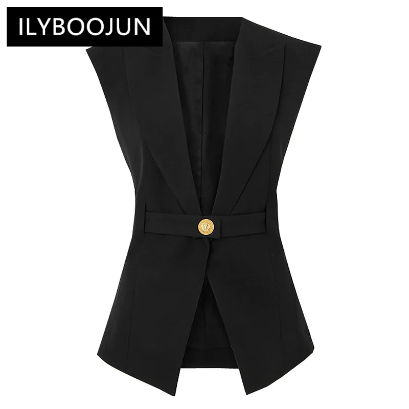 

S-XL Three Colors High Quality Fashion Solid Sleeveless Lapel Waistband Fits Well with Commuter Style Women's Vest