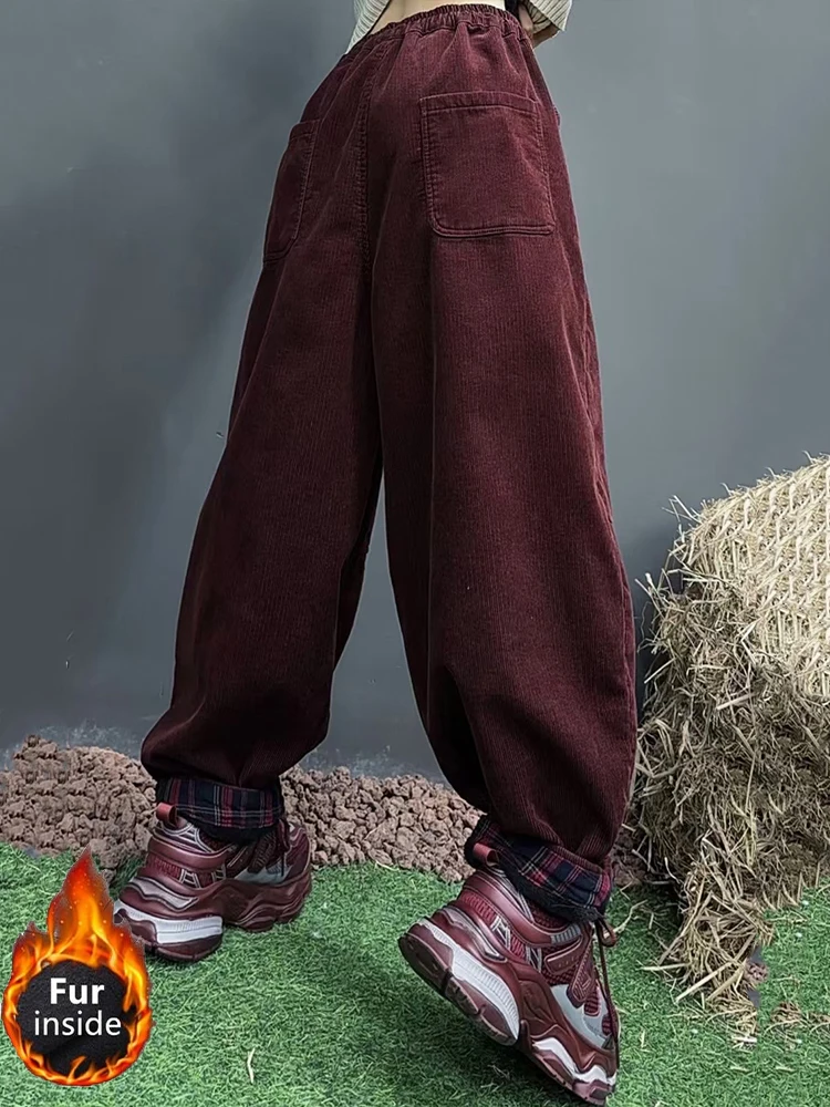 Amax luluE Winter Womens Corduroy Fur Pantalons Fashion Loose Harem Trousers Ladies Classic Casual Vintage Warm Thicken Clothing
