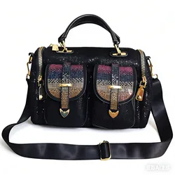 Fashion Women Mesh Netting Iridescent Paillette Rhinestone Messenger Bag Lady Casual Shiny Office Pockets Portable Handbag