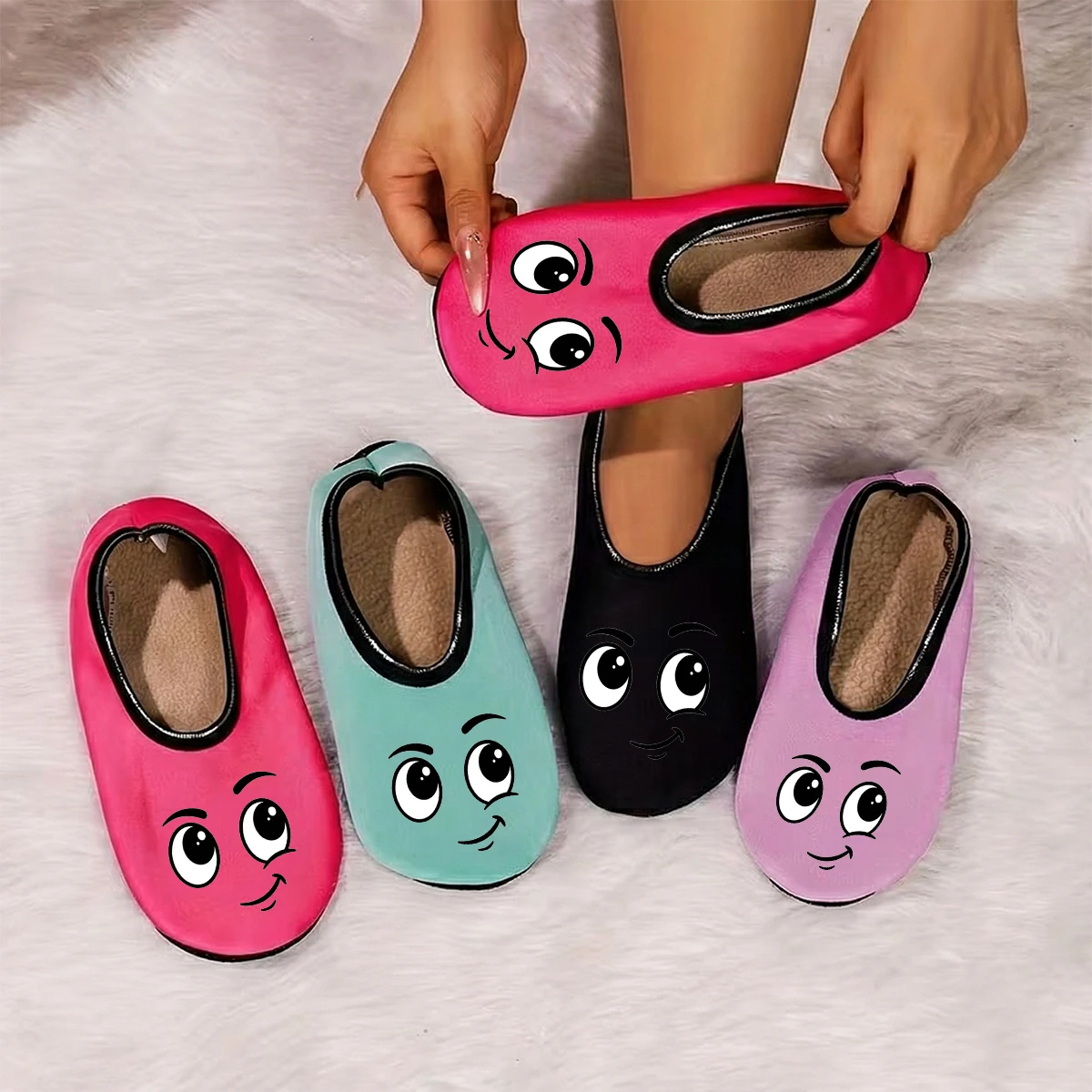 

Four season wearable women's cute expression printed suede breathable high elasticity indoor anti slip floor slippers