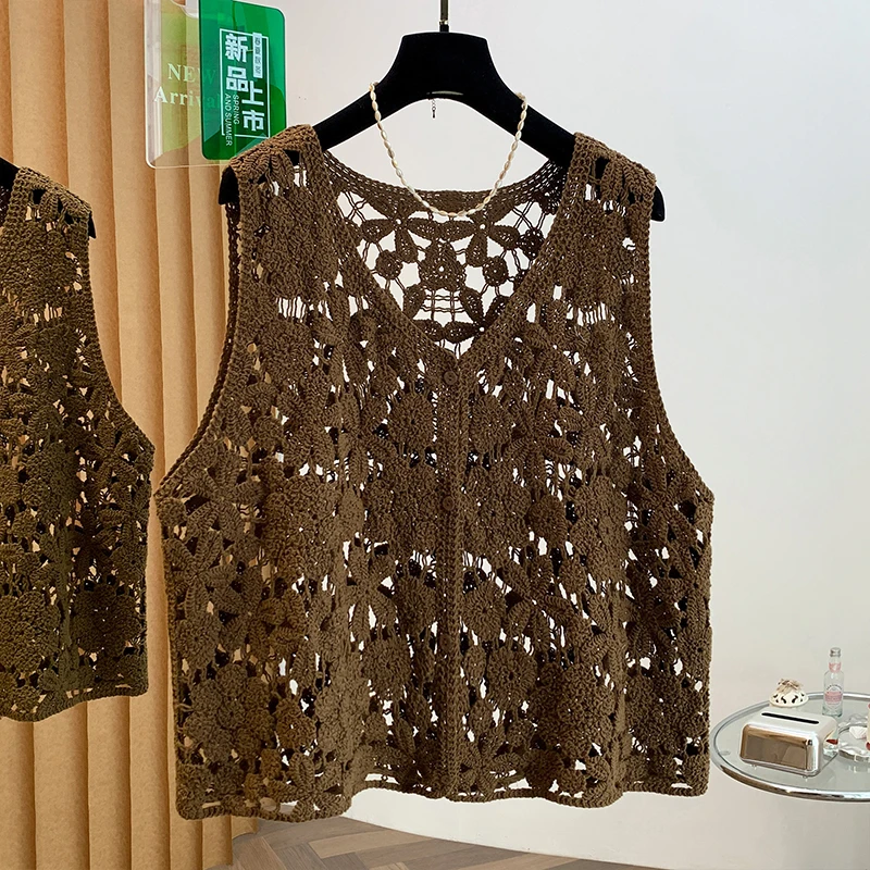 Women's Knitted Cotton Vest Hollow out Crochet Spring Autumn Fashion Outerwear V-Neck Loose Fit Single Button Closure