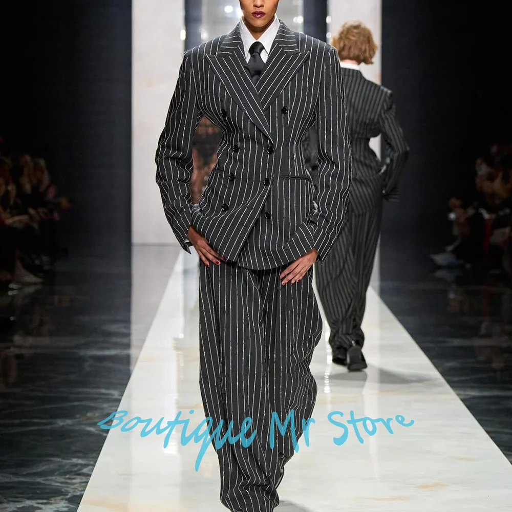 

Women's Black Pinstripe Clothes Classic Two-piece (Jacket+Pants) Set Elegant Formal Outerwears Evening Party Cocktail Suit