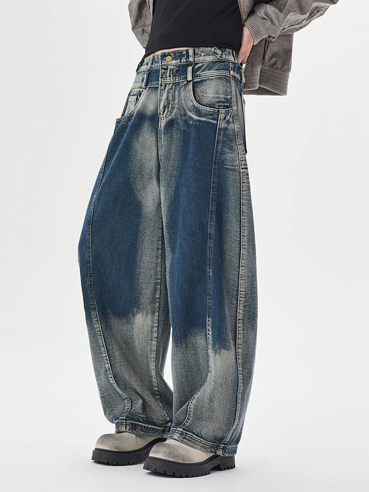 

Свободные винтажные джинсы, мужские модные прямые широкие брюки, уличная одежда с эластичной резинкой на талии, удобные молодежные индивидуальные джинсовые брюки