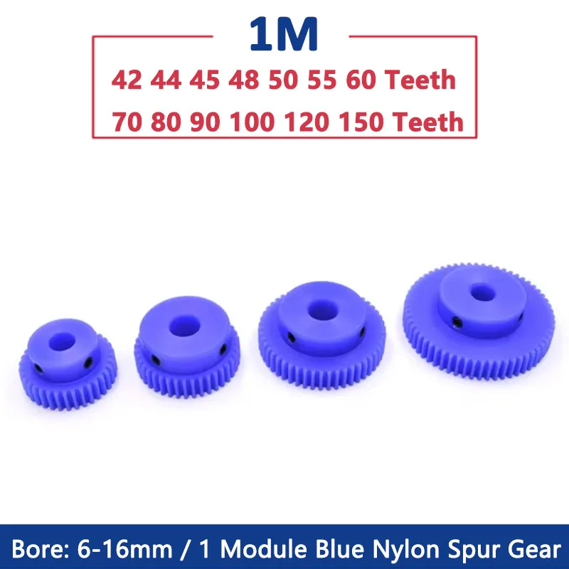 1pc 42-150T 1M Blue Nylon Spur Gear 42 44 45 48 50 55 60 70 80 90 100 120 150 Teeth Plastic Motor Gear Bore 6 8 10 12 14 15 16mm