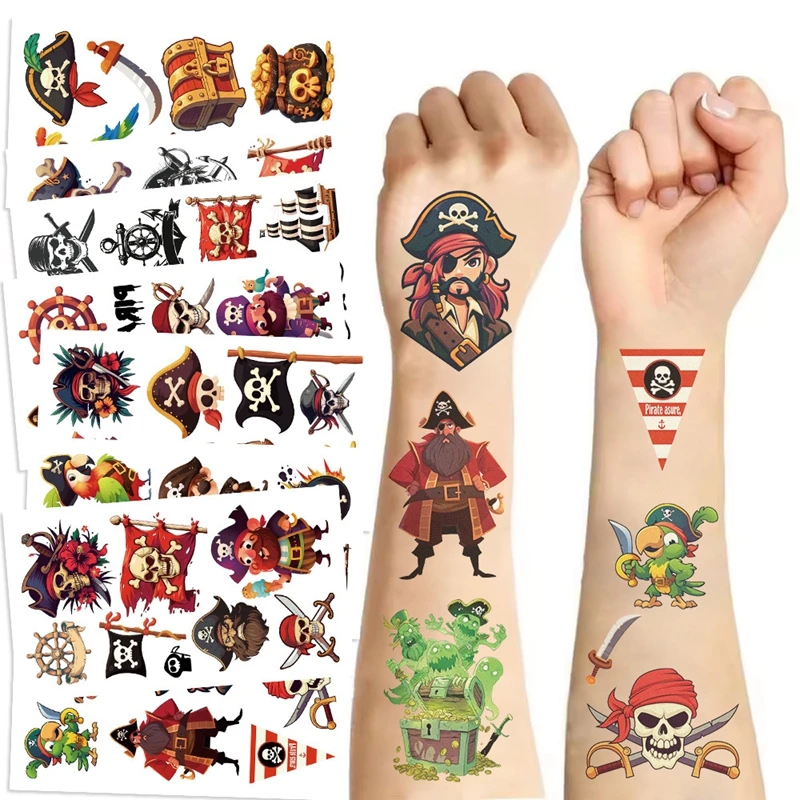 10 Uds tatuaje pirata barco cráneo tesoro patrón pegatinas tatuaje impermeable niños cumpleaños fiesta de Halloween regalos bolsa rellenos
