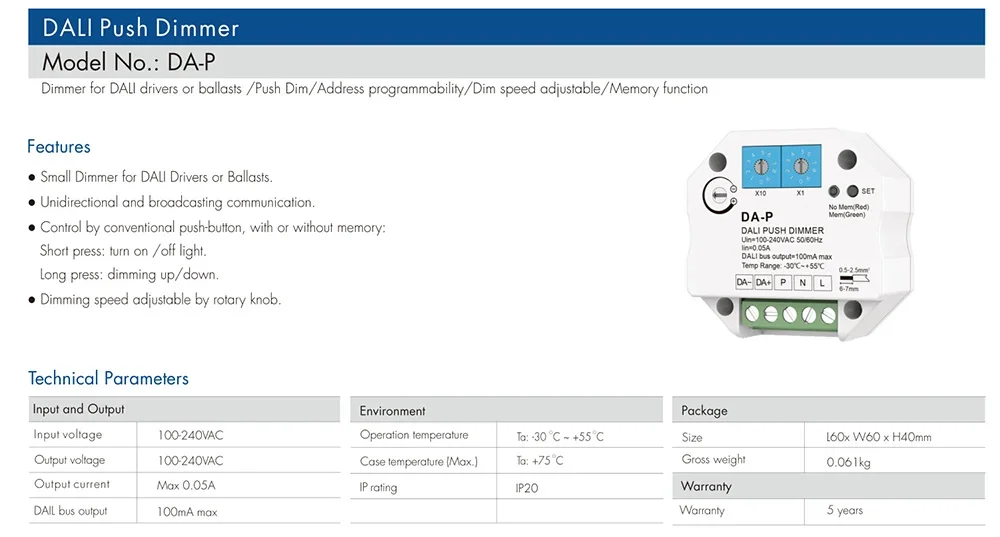 DA-P AC 100–240 V LED-Dimmer, DALI-Druckdimmer für DALI-Treiber oder Vorschaltgeräte, Dimmgeschwindigkeit einstellbar, mit Speicherfunktion, Dimmer