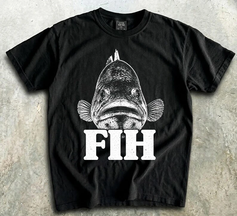 Funny Bass Fish FIH Shirt, Ironic Misspelled Fishing Tee, Outdoor Humor Graphic　streetwear shirt  graphic t shirts