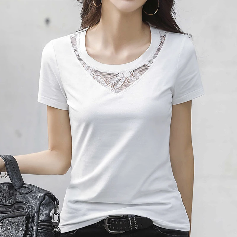 

Lace Patchwork T Shirt Women Cotton Short Sleeve Hollow Out T-shirts O Neck Casual Tees Female Tops Korean Tshirts Woman Clothes