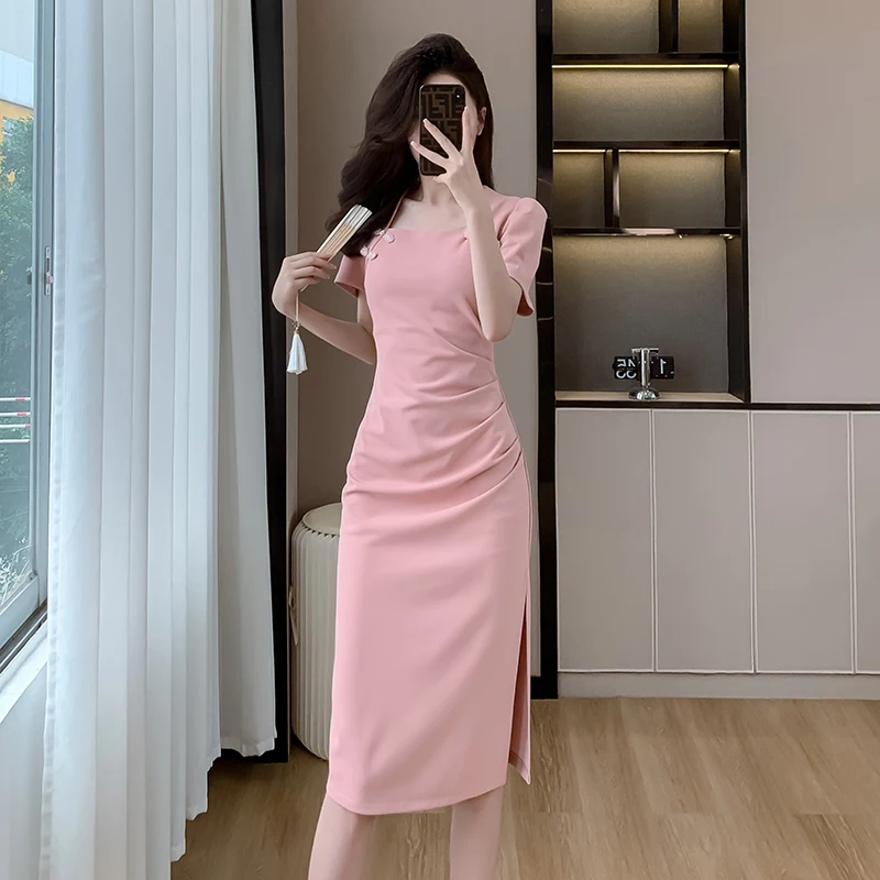 EIYOVVI 2024 Summer New Square Neck Frog Celebrity Elegant Style Korea Sexy Pleated Waist Slim Wrapped Hip Mid Length Dress