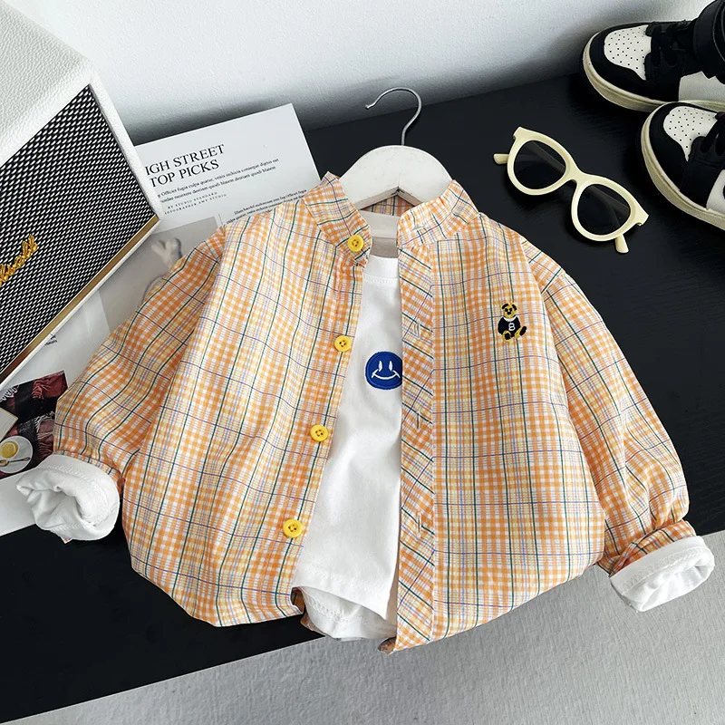 

Boy's Long Sleeve Plaid Shirts with Bear embroidery 2025 new style baby Kids casual top stylish spring-autumn children's shirt