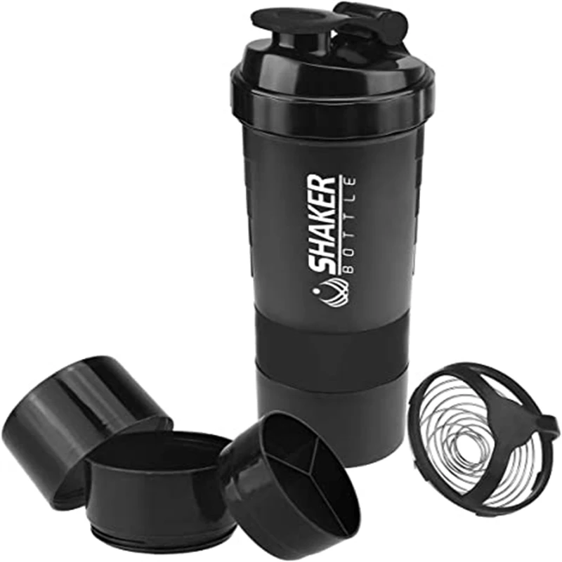 Portable Protein Shaker Cup with Powder Storage Container 500ml Mixer Cup Gym Sport Water Bottles with Wire Whisk Ball Drinkware