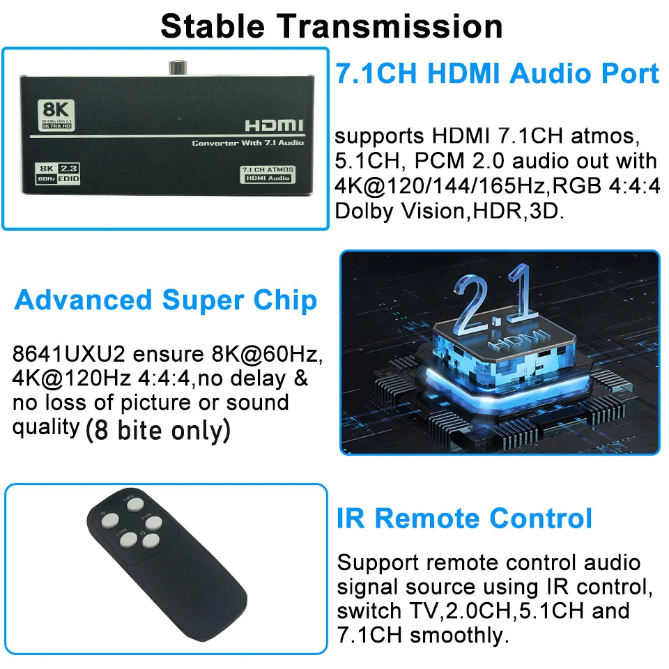 HDMI 2.1 Audio Extractor Converter 4K 120Hz HDMI 2.1 Audio Converter 8K HDMI to HDMI Audio+Video+Digital Coaxial Audio+Aux Audio