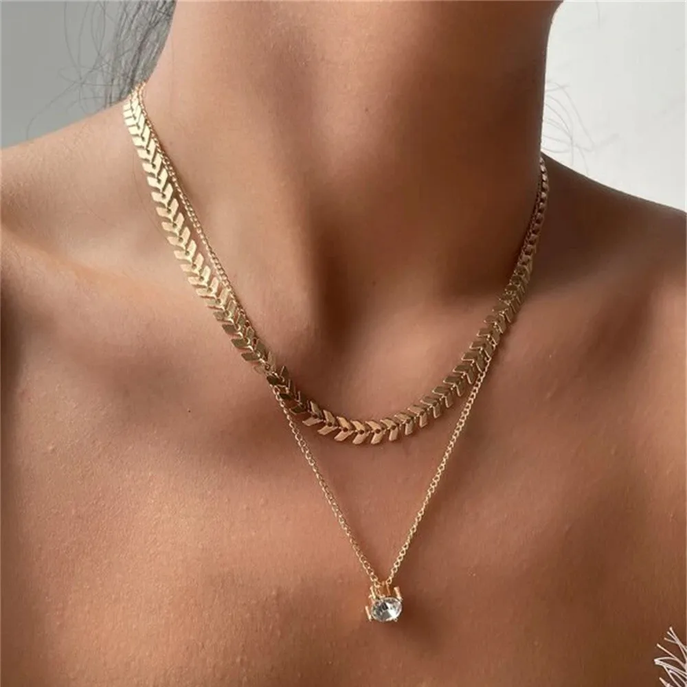 Boho Fashion Gold-plate Arrow Olive Leaf Chain Round Crystal Pendant Necklace For Women Vintage Female Punk Simple Peace Jewelry