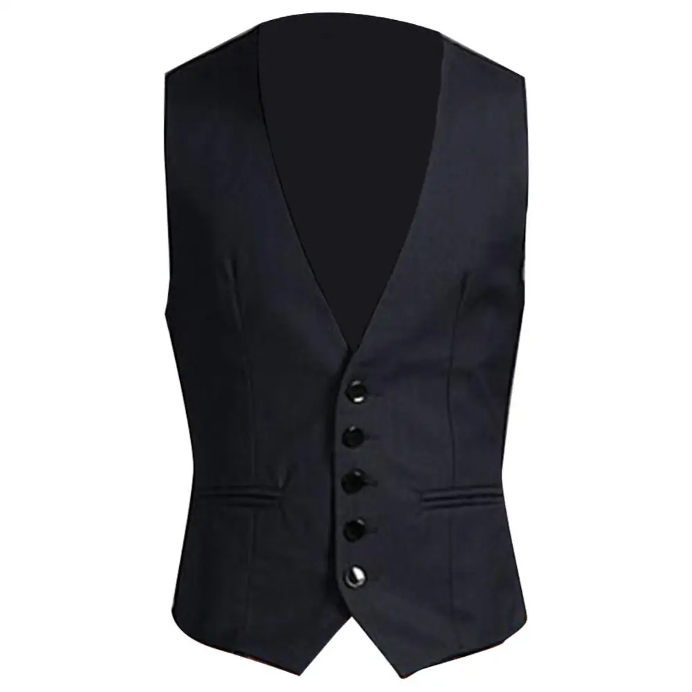 Formal Waistcoat Vest Business Solid Color Single Button Vest Men V Neck Button Pocket Sleeveless Slim Fit Casual Waistcoat