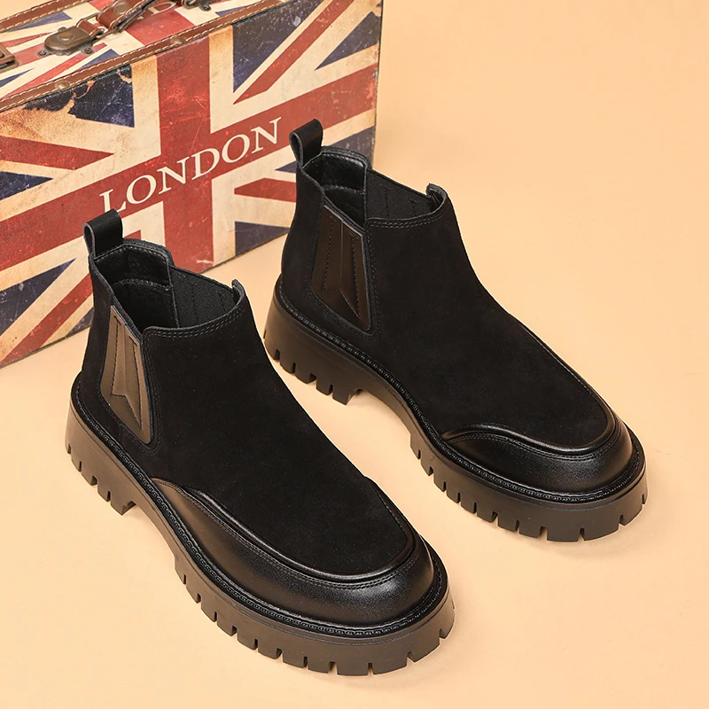 mens fashion party nightclub cow suede leather boots slip-on platform shoes cowboy spring autumn boot black stylish ankle botas