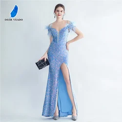 DEERVEADO Women's Off Shoulder Luxury Evening Dress with Feathers Sexy Mermaid Slit Special Occasion Party Dress Prom Gown