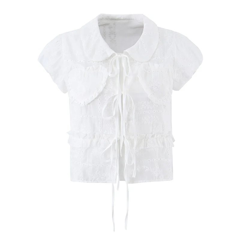 

Summer Women's Hollow Embroidery White Short Sleeved Shirts Top 2026 New Fashion Short Sleeved Blouses Top Women's Clothing