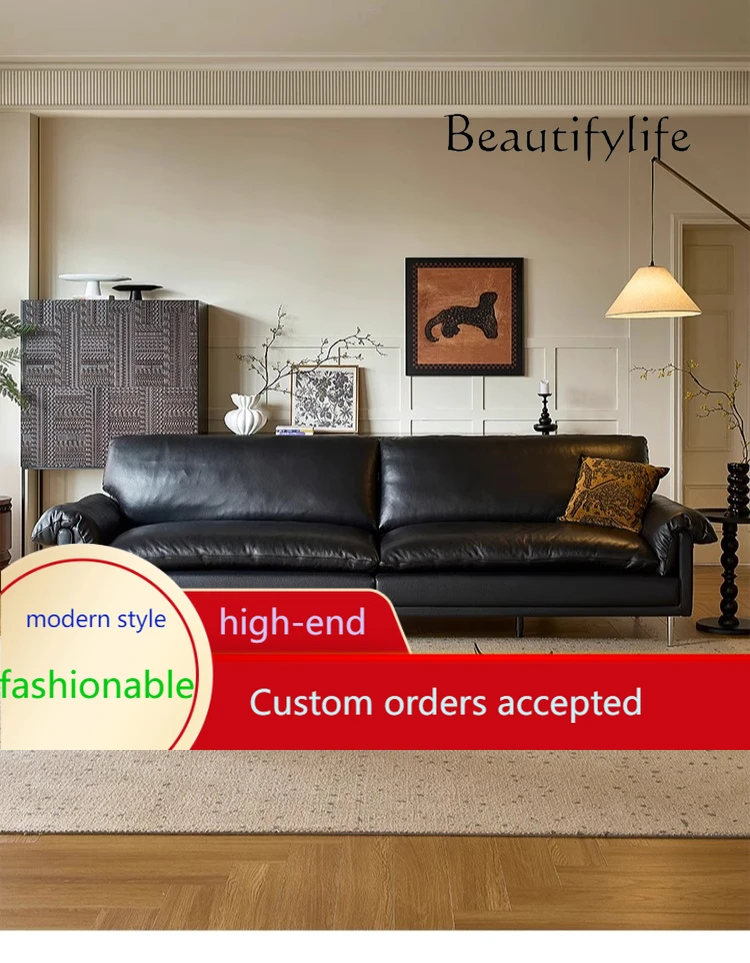 Kh New Italian retro leather sofa small apartment living room oil wax leather black one-word straight row moderate sitting feeli