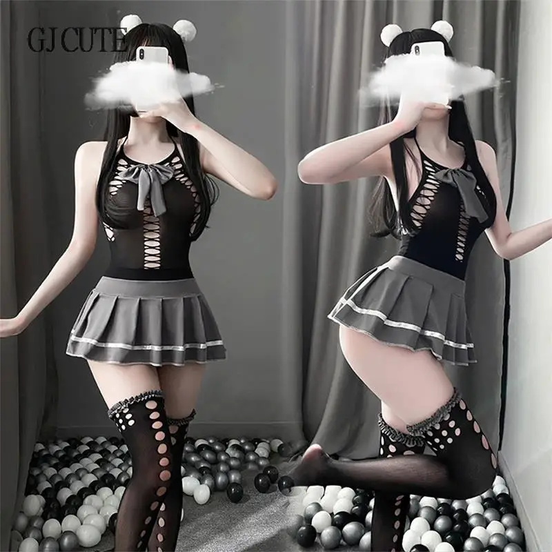 

Exotic Costumes Sexy Schoolgirl Cosplay Outfit Kawaii Erotic Lingerie Anime Mini Skirt With Hollow Out Stockngs Underwear