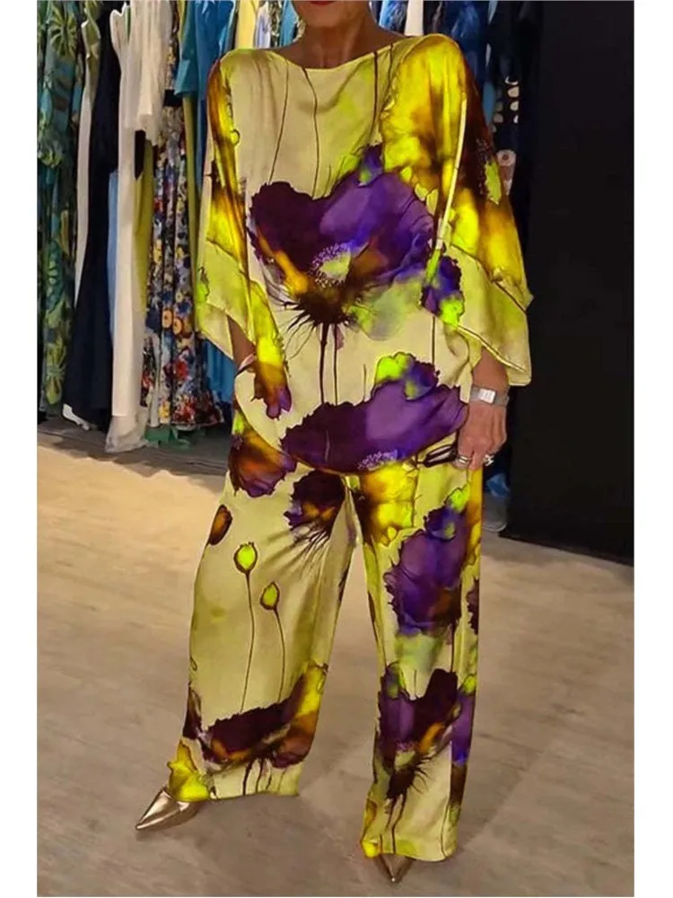 Fashion Print Loose Set For Women Casual O-Neck Long Sleeve Pullover Tops+wide Leg Pants Two Piece Sets Lady Spring Summer New