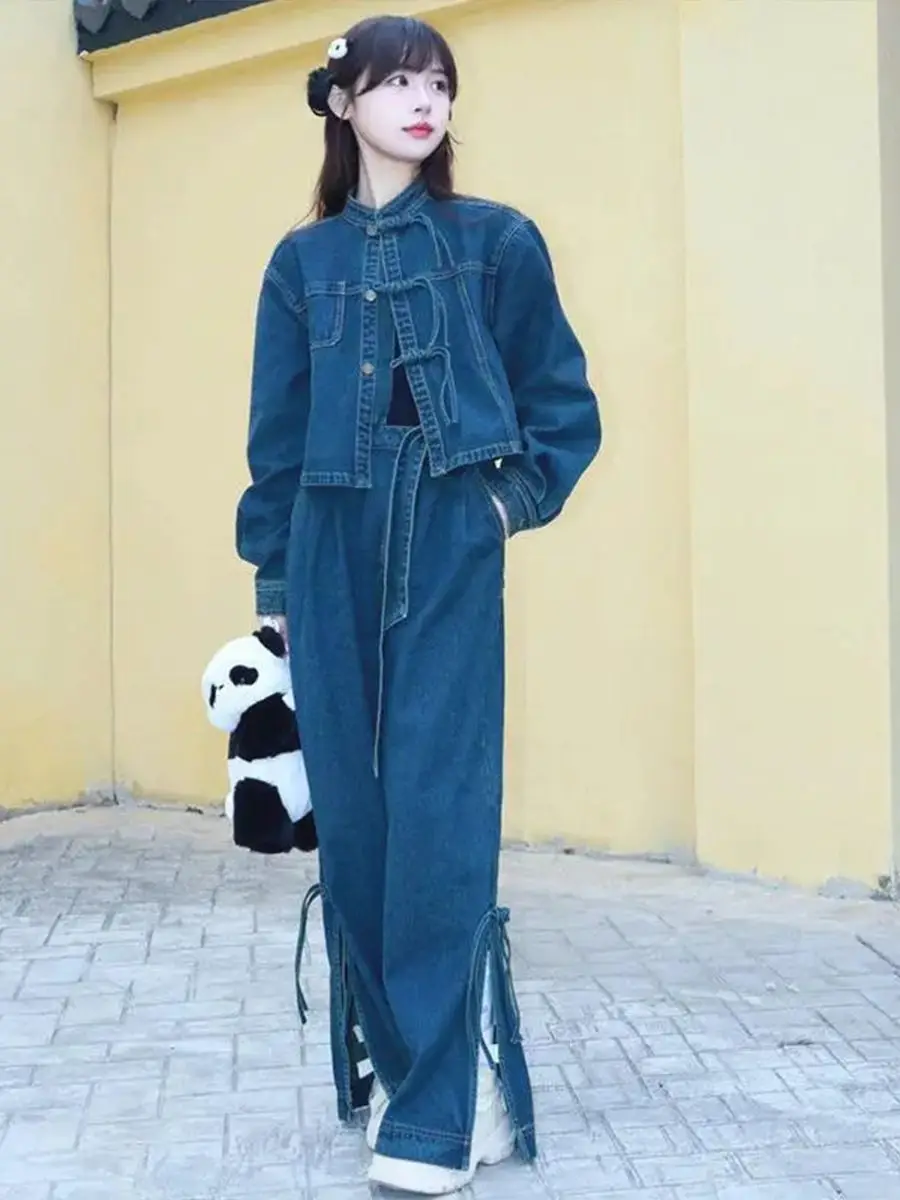 MiiiiX Chinese Style Denim Suit Women Two-piece Set 2024 Autumn Fashion Stand Collar Short Jacket Vent Tie Wide-leg Pant Sets