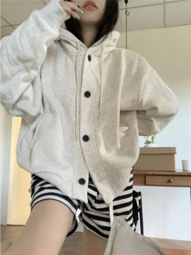 Deeptown Korean Fashion Gray Hoodies Women Harajuku Kpop Oversized Hooded Sweatshirts Female Casual Thin Tops Vintage Streetwear