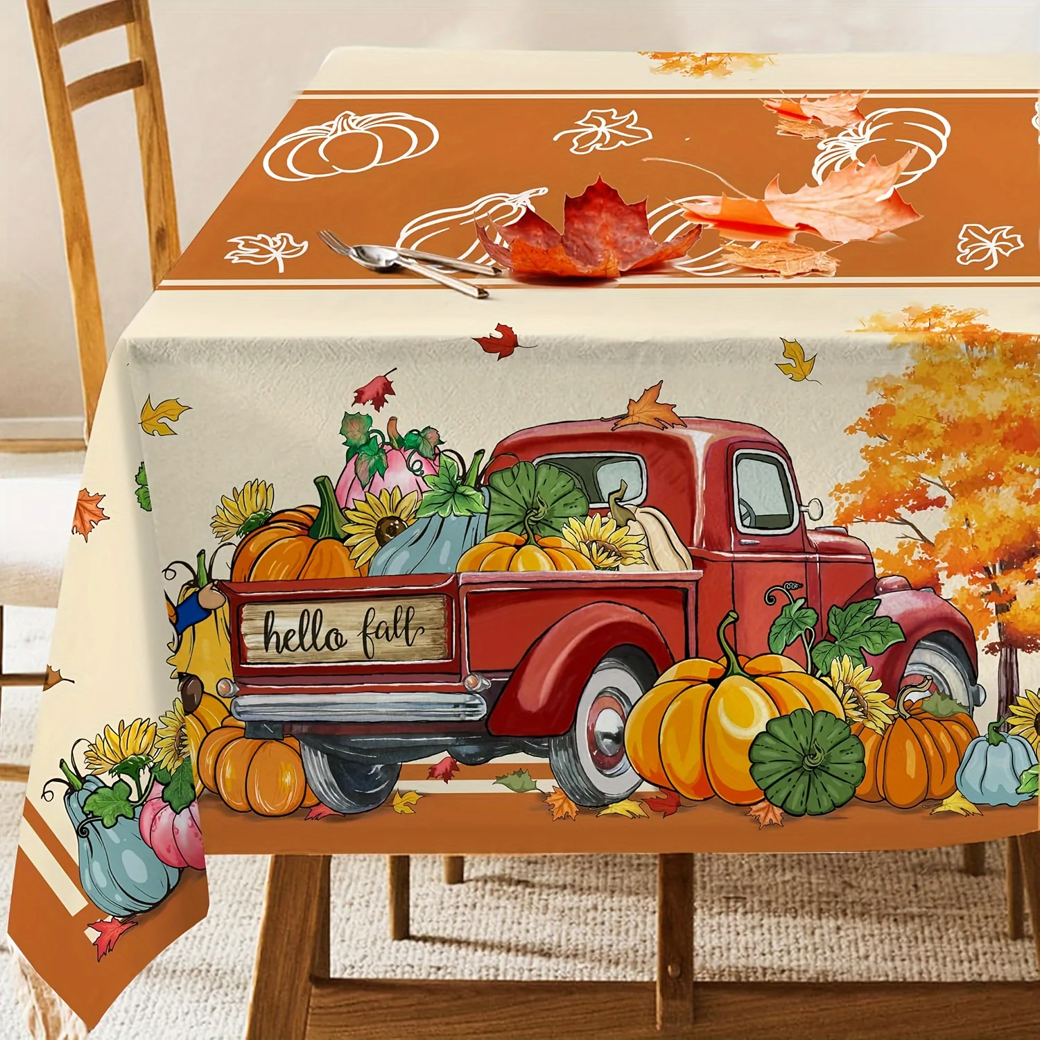 1 piece Thanksgiving autumn tablecloth with pumpkin and maple leaf truck pattern for kitchen and dining table, home use.zyc