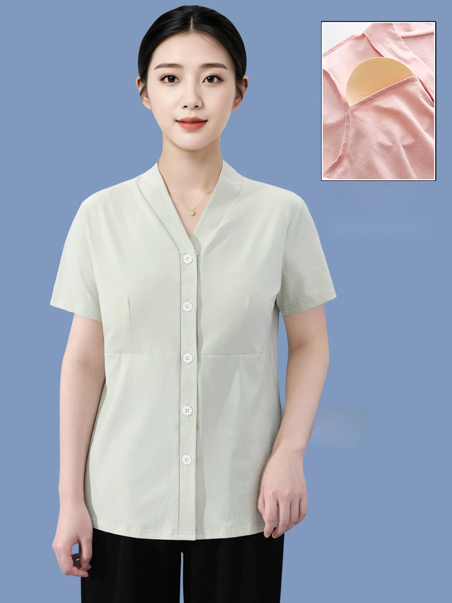 women's-t-irt-with-prosthesis-pad-summer-ne-protection-front-button-cotton-blend-comfortable-bral-design-casual-wear