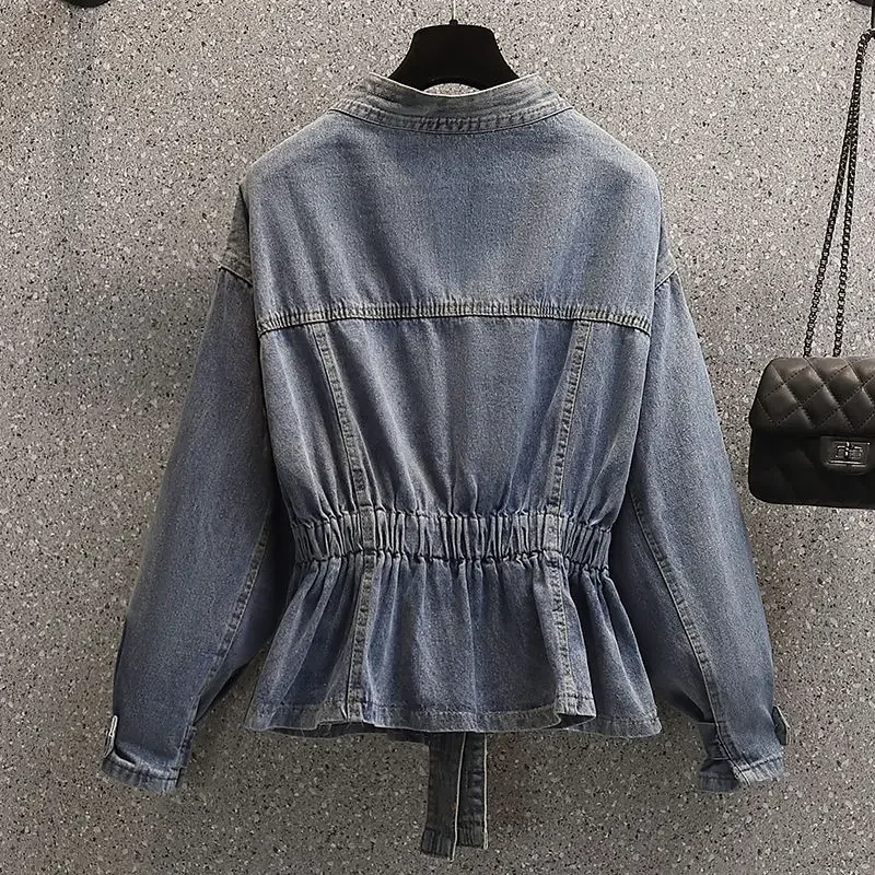 Denim Jacket for Women Studded Spring Autumn Cinched Waist Blue Woman Jean Coat Slim Outerwear on Sale Vintage Original Deals