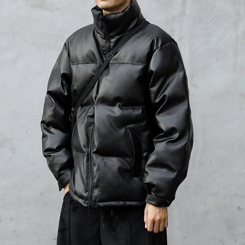 Men's down Cotton Jacket Stand Collar Winter Coat Thickened Short Bread Style Korean Fashion Loose Cotton Padded PU Leather