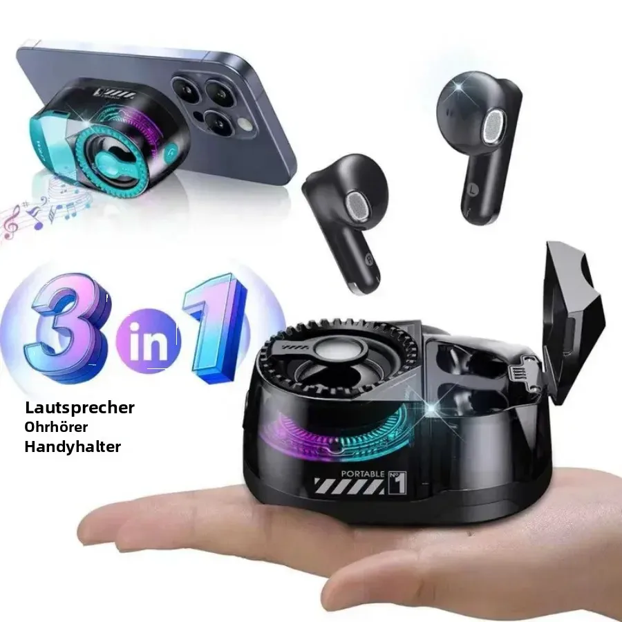 3-in-1 Kabelloser Lautsprecher mit Geräuschunterdrückenden Kopfhörern, Integriertem Telefonständer & Ambientelicht, USB-C Schnellladung HD-Stereo-Sound