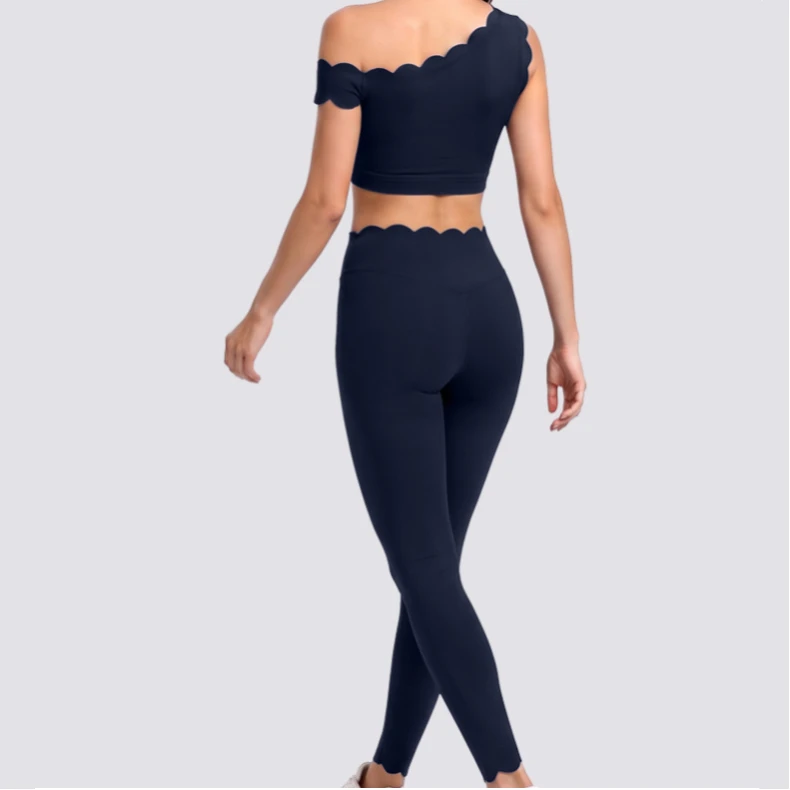 Women Scalloped One Shoulder 2 Piece Workout Set Padded Crop Top&High Waist Leggings High Elastic Activewear Training Suit