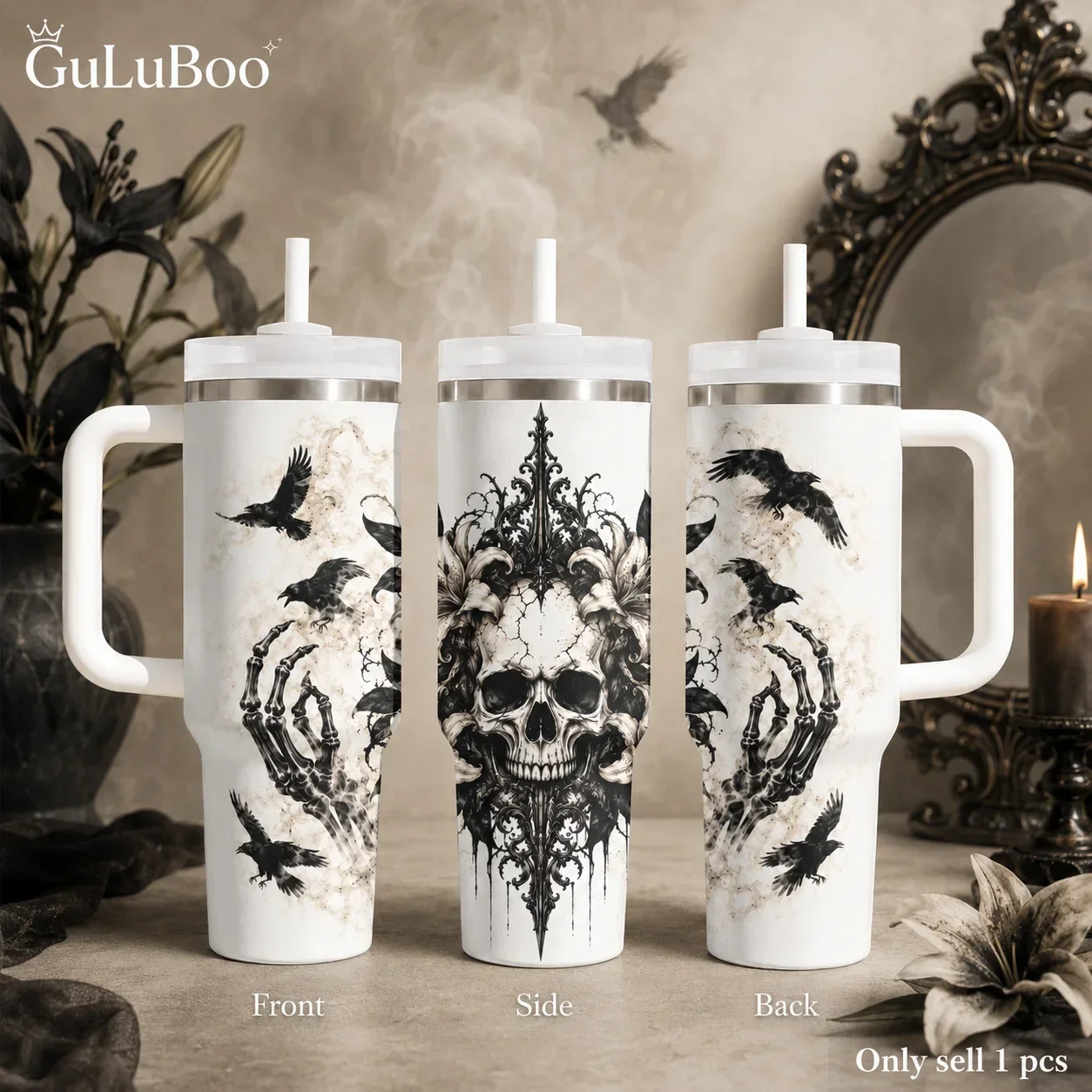 Gothic Skull Crow Floral Art Vacuum Flasks 40oz Stainless Steel Insulated Tumbler With Handle & Straw Leakproof Travel Mug