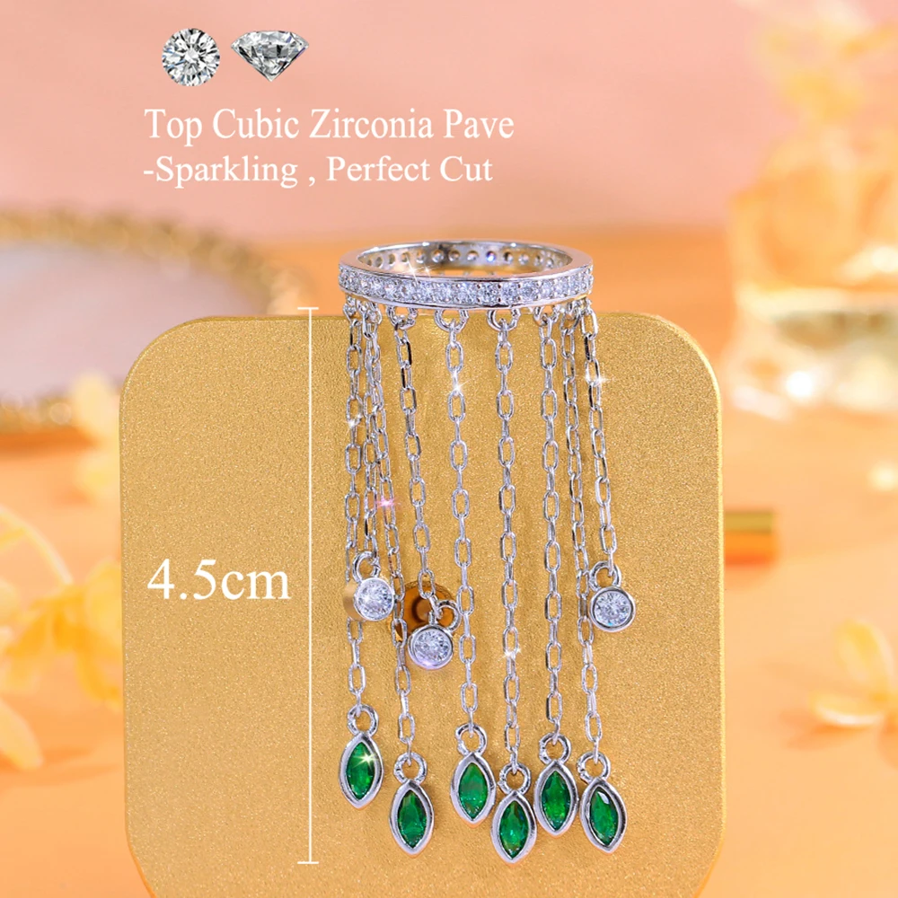 BeaQueen Delicate Green Cubic Zirconia Stone Super Long Tassel Dangle Ring for Women Luxury Engagement Wedding Jewelry J0263