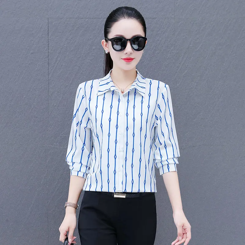 New Korean Spring Autumn Mom Fashion Versatile Striped Shirt Women'S High End Printed Chiffon Casual Collar Look Slimming Top