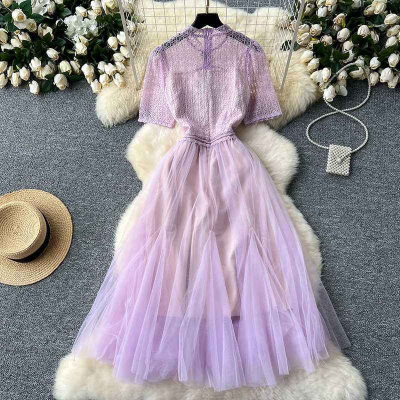 Purple Embroidery Lace Mesh Dresses Spring Women Hollow Out Sheer Long Dress Summer High Waist Round Neck Short Sleeved Dress