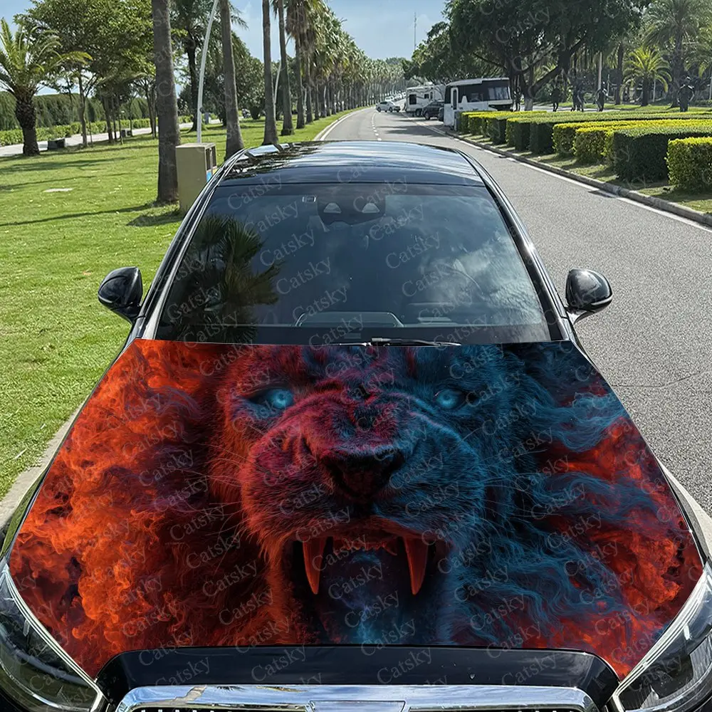 

Fiery Blue-Red Lion with Dramatic Flame Car Hood Stickers - Self-Adhesive, Waterproof and Durable Vinyl Wrap, Decorate And Prote