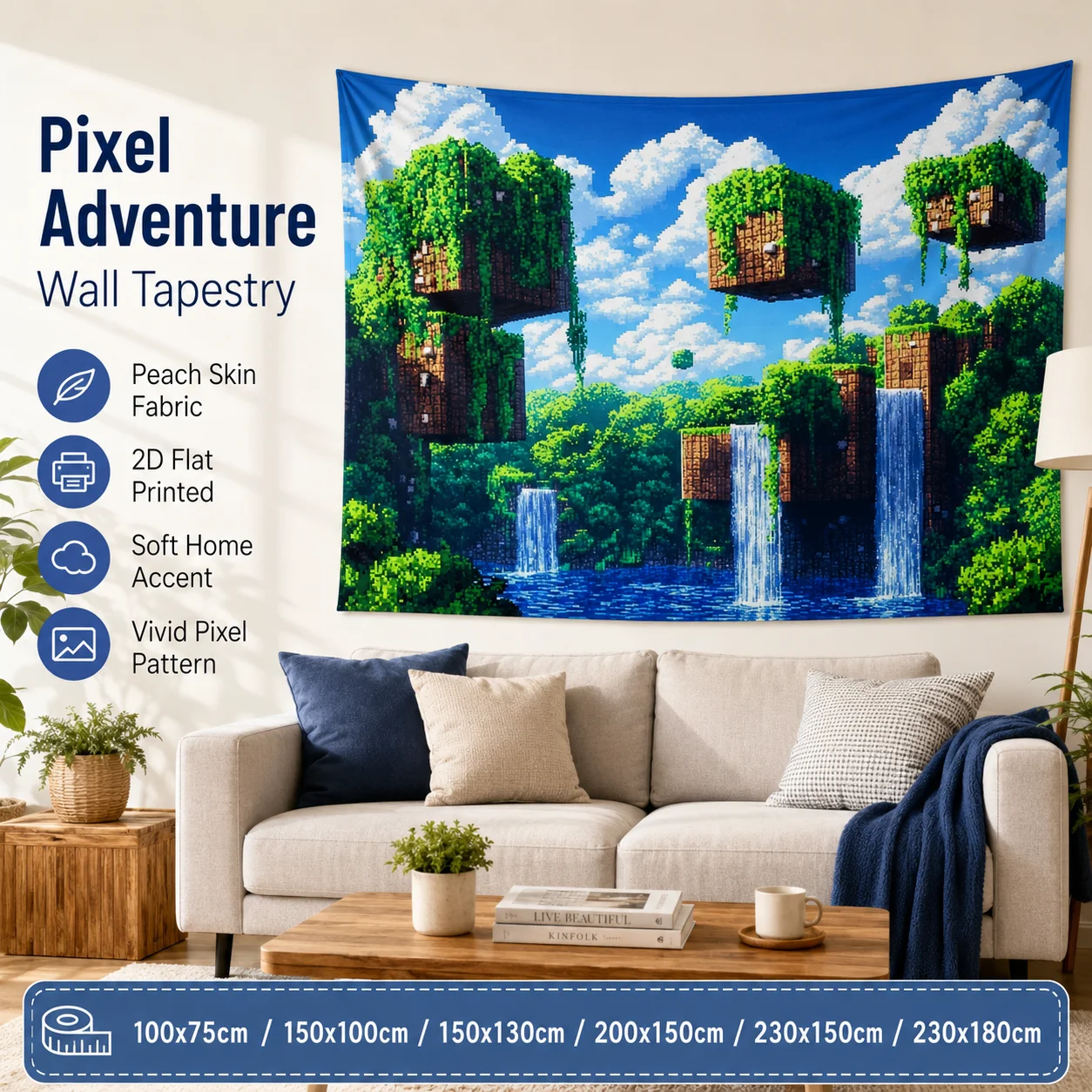

Pixel Art Tapestry 2D Flat Printed Peach Skin Wall Hanging Floating Island Waterfall Background Cloth for Gamer Room Decor