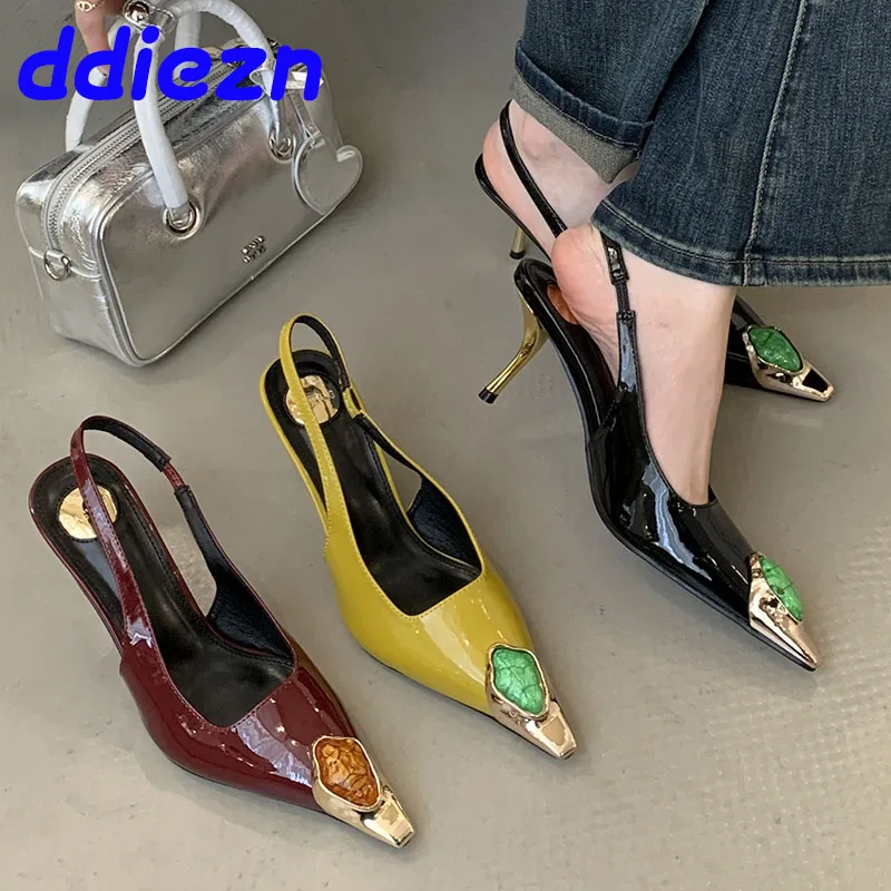 2025 Fashion Metal Pointed Toe Party Ladies High Heels Shoes Dress Designer Women Heels Pumps Shoes Female Slingbacks Footwear