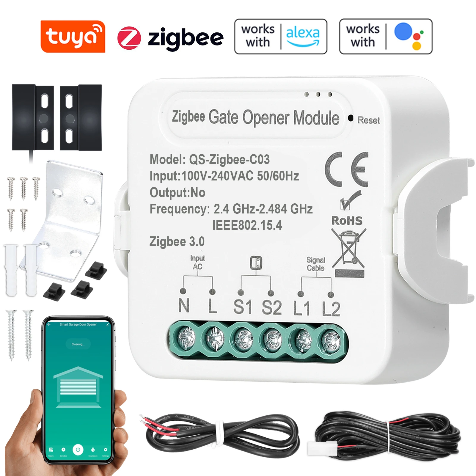 Tuya ZigBee Gate Opener Intelligent Garage Door Opener Controller APP Control Compatible with Alexa Google Home Voice Control