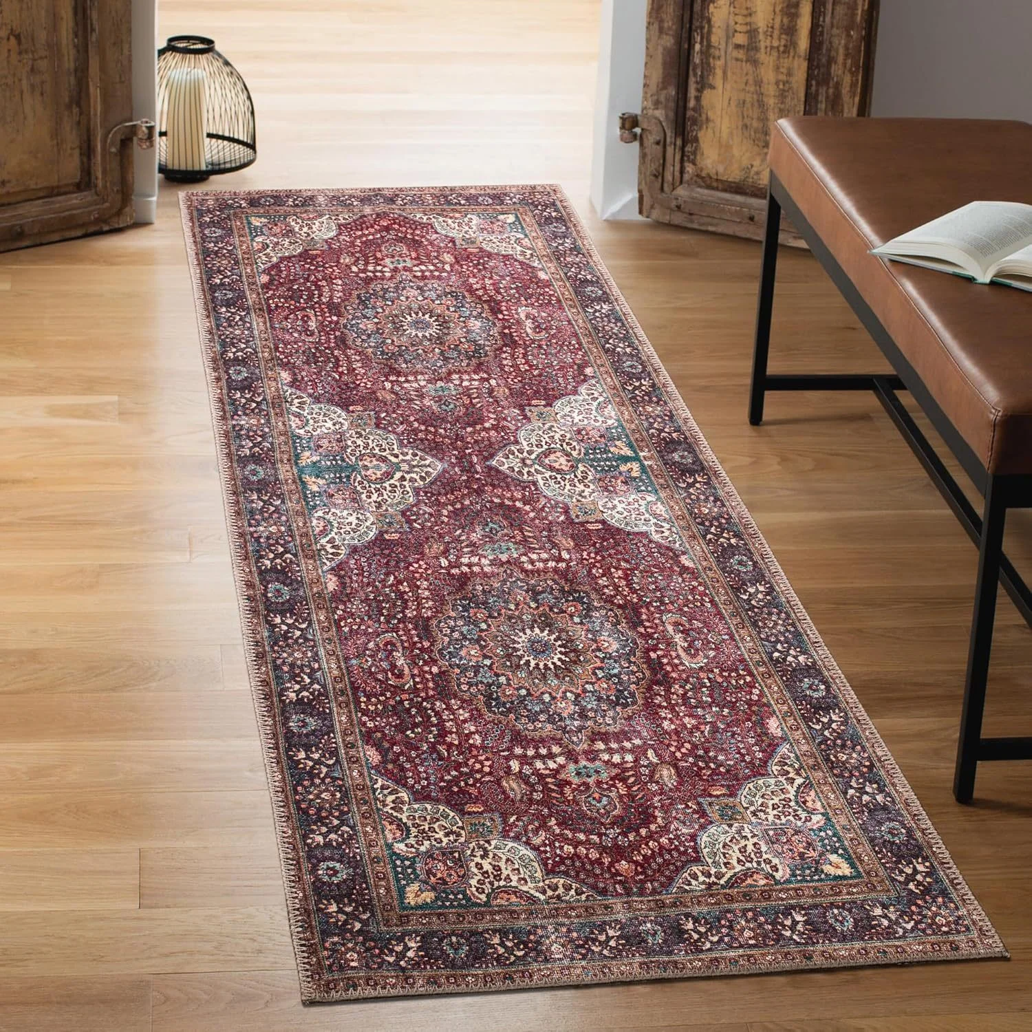Vintage Red Medallion Runner Rug Hallway Carpet Non Slip Washable Floor Mat Kitchen Rug with Distressed Persian Design