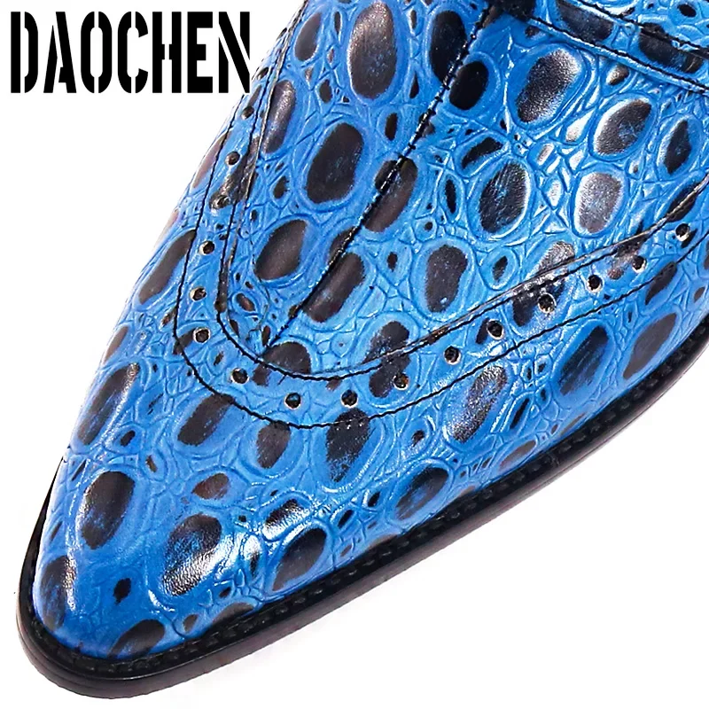 Luxury Mens Leather Shoes Blue Black Slip On Lizard Print Casual Dress Men Shoes Summer Party Banquet Half Shoes For Men