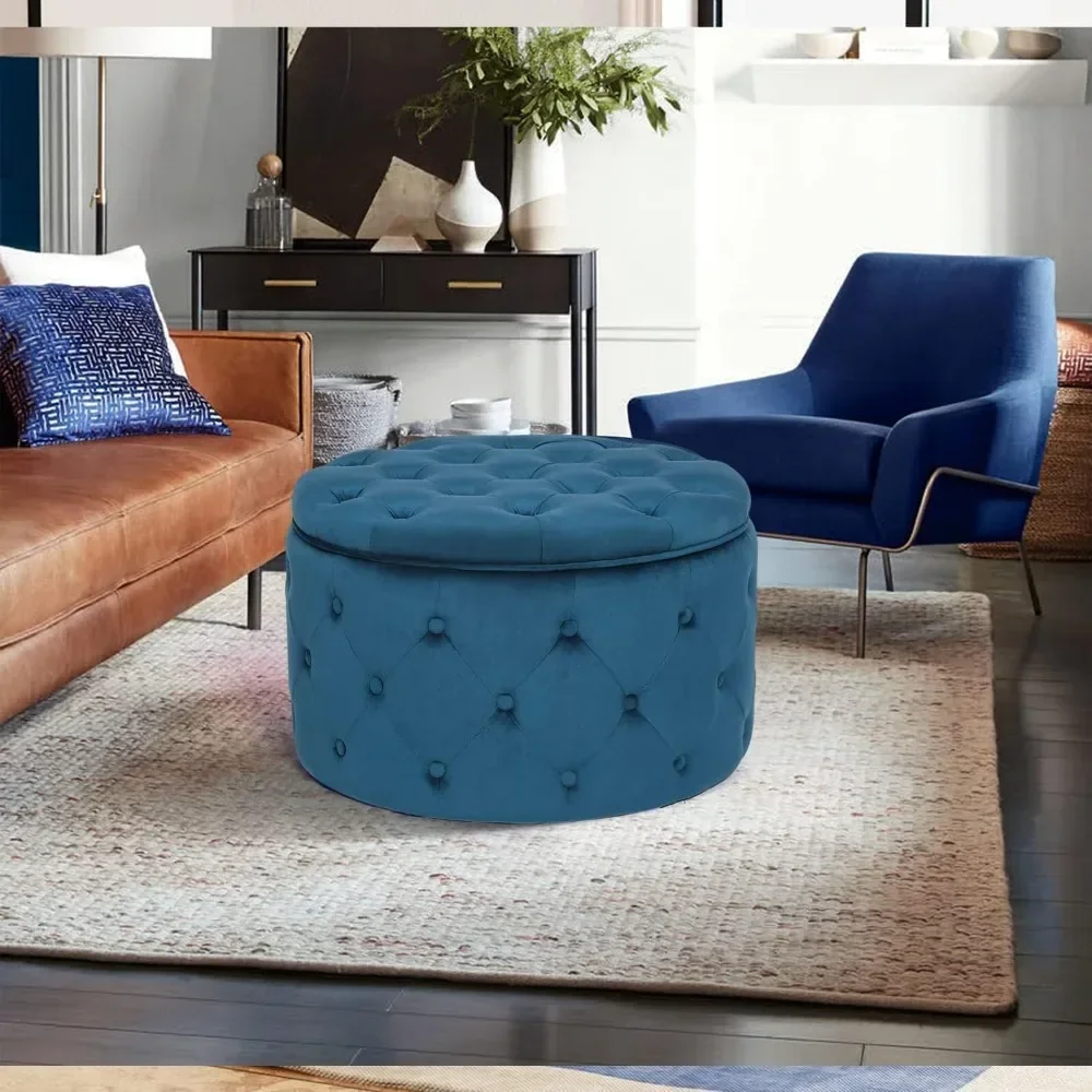 Round Velvet Storage Ottoman, Button Tufted Footrest Stool Coffee Table for Living Room,24.8