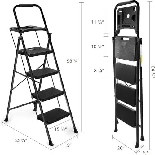 4-Step Ladder with Wide Anti-Slip Platform & Thick Rubber Feet | Heavy Duty Foldable & Portable | 330 lbs Capacity