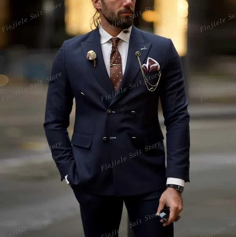 

New Navy Blue Men Tuxedos Business Prom Formal Occasion Groom Groomsman Wedding Party Male Suit 2 Piece Set Blazer Pants