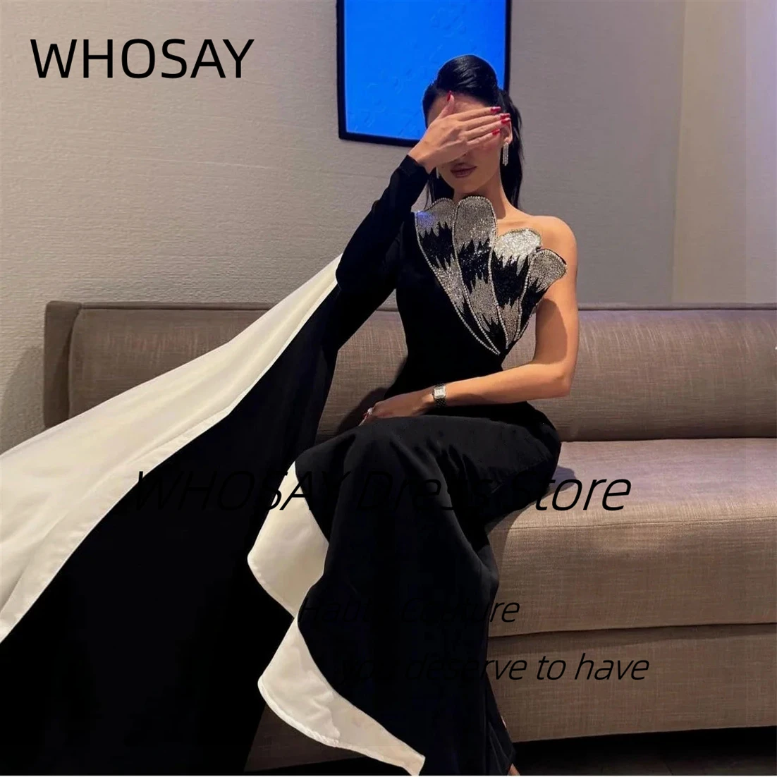 WHOSAY Bespoke Special Occasion Dress One Shoulder Flutters Prom Dresses Floor Length Sheath Evening Party Saudi Women Wear